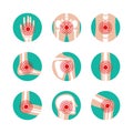 Vector set of human joints with pain rings. Disease in bone, knee, leg, pelvis, scapula, skull, elbow, foot and hand Royalty Free Stock Photo