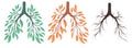 Vector set of human lungs from green and orange leaves and branches. Withering health. Old human organ. Earth seasons