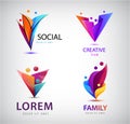 Vector set of human, people group logos. Family, business teamwork, friendship concept. 3d origami, multicolor men logo