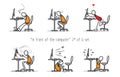 Vector set of humor cartoon man in front of a computer. Print illustration Royalty Free Stock Photo