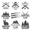 Vector set of hunting club labels in vintage style. Design elements, emblems, badges, hunt logo Royalty Free Stock Photo