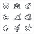 Vector Set of Hunting Icons. Hunter, nature, whistle, duck, rifle, bag, dog, cane, mosquito. Royalty Free Stock Photo