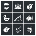 Vector Set of Hunting Icons. Hunter, nature, whistle, duck, rifle, bag, dog, cane, mosquito. Royalty Free Stock Photo