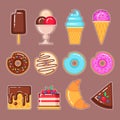 Vector set of ice creams, donuts, waffles, cake and croissant