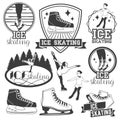 Vector set of ice skating emblems, badges, logos, banners and design elements. Isolated monochrome illustrations in