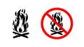 Vector set of icons of burning fire and no open flame prohibition sign.