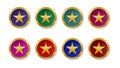 Vector set of icons, buttons in the form of gold stars in colored circles with a gold outline. With shadows and highlights Royalty Free Stock Photo