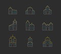 Vector set of icons of church buildings. Linear simple multicolored isolated icons in flat style on dark gray. Design template for Royalty Free Stock Photo