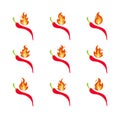 Vector Set of Icons Hot Chili Pepper, Red Pepper and Different Fire, Isolated on White Background Illustration, Colorful Royalty Free Stock Photo