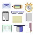 Vector set of icons. Letter, glasses, alarm clock, pen, pencil, notebook, paper, smart phone, academic cap. Isolated on the white Royalty Free Stock Photo