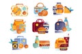 Vector set of icons with lunch boxes and bags with food and drinks. Hamburgers, sandwiches, cookies, juice, coffee Royalty Free Stock Photo