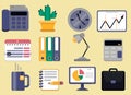 Vector set of icons of office and business elements. Colored collection for web and mobile applications. Royalty Free Stock Photo