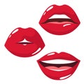 Vector set  icons of sexy and sensual lips in red lipstick and piercing over the lip. Vector isolate on white background Royalty Free Stock Photo