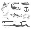 Vector Set of Icons and Signs of Equipment for Spearfishing
