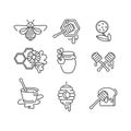 Vector set illustartion icon and design templates. Organic and eco honey signs with bees. Linear style.