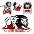 Vector set of illustrated lions themed sport logo, patch, icon, or badge with various style