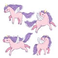 Vector set of cute little pink magical unicorns. Vector hand drawing illustration isolated on white background. Print Royalty Free Stock Photo