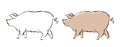 Vector set illustration of pig in hand drawing style. Vector icon for food from pork