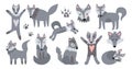 Vector set of illustrations of cute wolves. The good wolf sleeps, jumps, hugs, runs, sits. Suitable for animation, design of