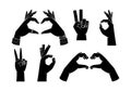 Vector set with illustrations of hand gestures - victory, love gesture, OK. Simple style, outline and flat style woman and man