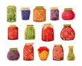Vector set of illustrations of jars with jam and pickles. Preparations for the winter