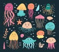 Vector set of illustrations of jellyfish and algae with shells in cartoon style