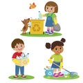 Vector Set Illustrations Kids Picking Up Plastic Bottles Into Garbage Bags. Children Cleaning Environment From Trash.