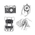 Vector set of illustrations of objects for camping. Hand drawn sketches of camera, backpack, compass and traveler`s boots over th