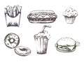 Set, image fast food. Figure hamburger, drawing french fries and sandwich, ice cream and hot dog, drawing donut Royalty Free Stock Photo