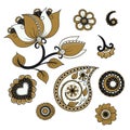 Vector set of indian folk ornamental elements. Collection of terms for creative design. Ethnic kalamkari ornament