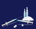 Vector set of injector , pills, ampoules and white powder for medical and cosmetological illustrations o