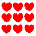 Vector set of ink rough red hearts