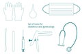 Vector set of instruments for for obstetrics and gynecology. Vaginal speculum, syringe, medicine gloves, mask, spatula, stethoscop