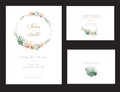 Vector set of invitation cards with watercolor flower savannah and gold elements. Wedding bouquet collection Royalty Free Stock Photo