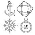 Vector set with isolated anchor, lifebuoy, ships wheel, compass. Royalty Free Stock Photo