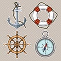 Vector set with isolated anchor, lifebuoy, ships wheel, compass. Royalty Free Stock Photo