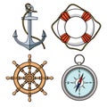 Vector set with isolated anchor, lifebuoy, ships wheel, compass. Royalty Free Stock Photo