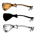 Vector set of isolated broom elements with a yellow bow, and a black outline and silhouette on a white background. hand-drawn