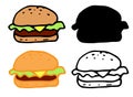 Vector set of isolated burger elements. Burger with yellow melted cheese and green salad and a cutlet with a black outline and a Royalty Free Stock Photo