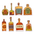 Vector set of isolated cartoon bottles. Bar menu. Contour illustration of vintage glass bottles with strong alcohol colored with Royalty Free Stock Photo