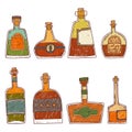 Vector set of isolated cartoon bottles. Bar menu. Contour illustration of vintage glass bottles with strong alcohol colored with