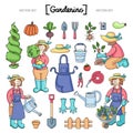 Vector set with isolated cartoon doodles on the theme of garden. Colored illustrations of gardening tools, gardener and garden job Royalty Free Stock Photo