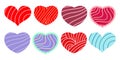 Vector set of isolated cartoon hearts. Romantic Hearts with simple patterns