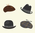 Vector set of isolated cartoon vintage detective hats on a light background. Design for print, web decoration. Vintage