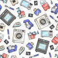 Vector set with isolated colored doodles of home appliances and electronics on white color. Home equipment Royalty Free Stock Photo