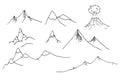 Vector set of isolated contour elements mountain peaks with a volcano are drawn by hand with a black line on a white background. Royalty Free Stock Photo