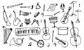 Vector set of isolated elements Musical instruments drawn by hand in the doodle style black outline on white background for the Royalty Free Stock Photo