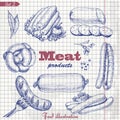 Vector set of isolated meat products on paper