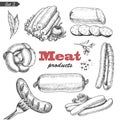 Vector set of isolated meat products in sketch style