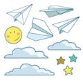 Vector set with isolated paper planes, stars, moon, clouds. Royalty Free Stock Photo